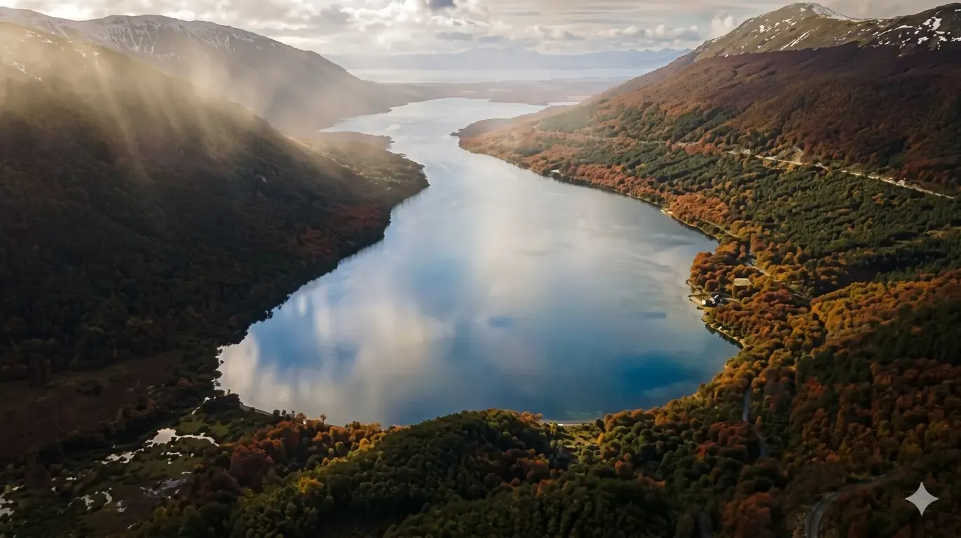 Vista aérea del Lago Escondido rodeado de bosque de lengas en colores otoñales, Tierra del Fuego